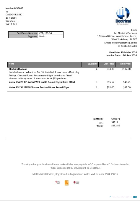 United Kingdom MJ Electrical proof of address business utility bill template in Word and PDF formats